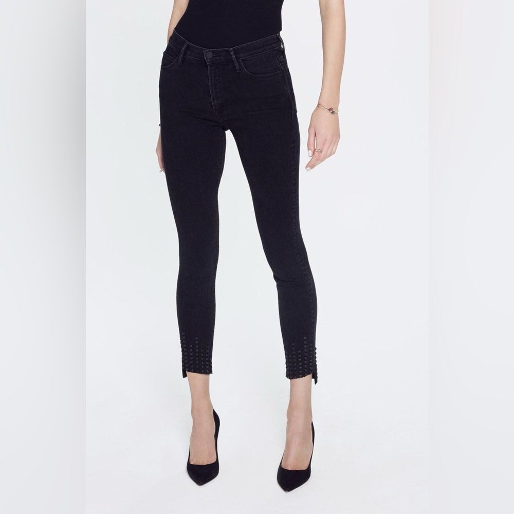 MOTHER Stunner High Rise Skinny Jeans 27 Black Studded Step Hem Ankle Denim